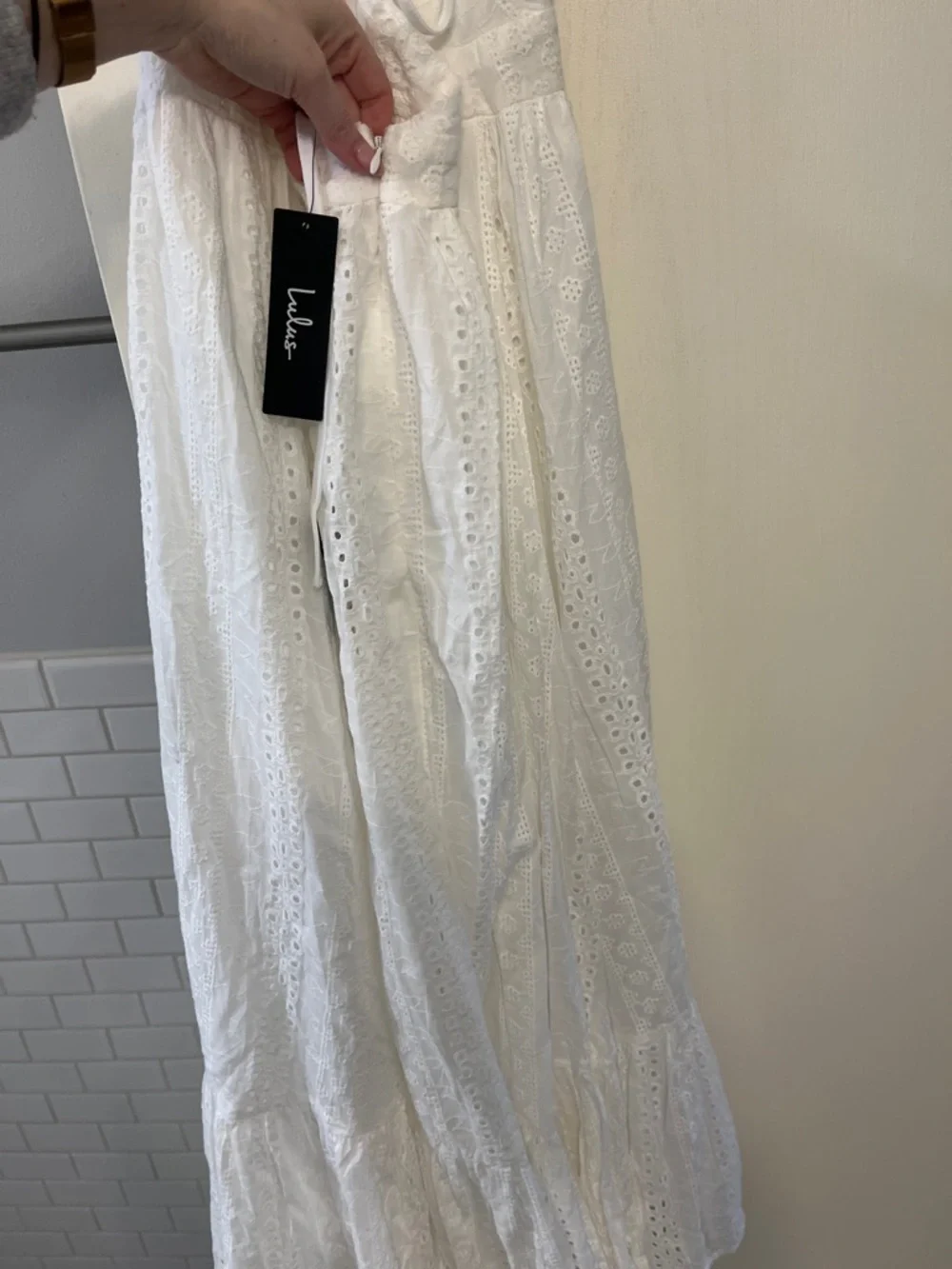 Lulus Sicilian Sun White Eyelet Embroidered Ruffled Lace-Up Midi Dress NWT Sz M - Picture 12 of 13